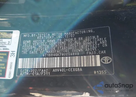 2008 Toyota Camry Hybrid z USA, uszkodzony, nr VIN 4T1BB46K78U054849